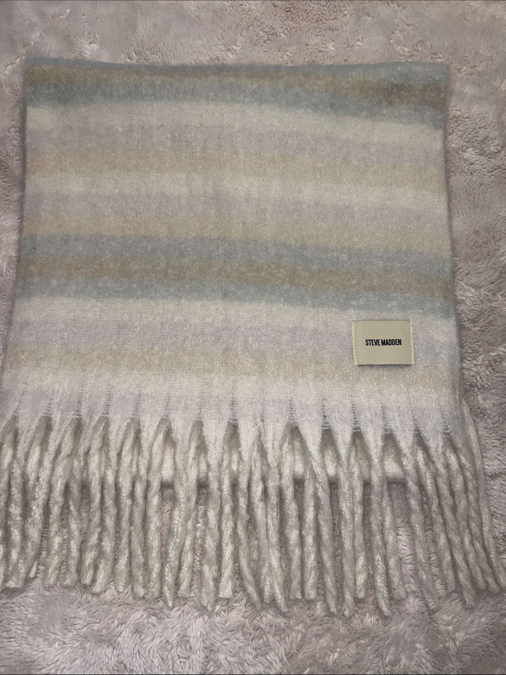 Steve Madden Striped Fringe blanket scarf in Light blue, tan, Gray and Cream
